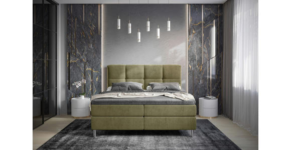 BOXBETT 140/200 cm,  in Olivgrün, gepolstertes Kopfteil, Bettkasten, Topper, H3 = fest  - Chromfarben/Olivgrün, Design, Holz/Holzwerkstoff (140/200cm) - Esposa