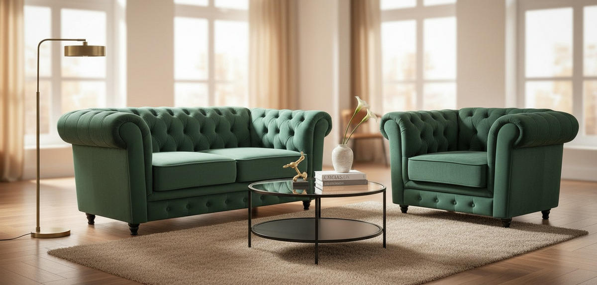 CHESTERFIELD-SOFA  in Samt Grün, Schwarz  - Schwarz/Grün, Trend, Holz/Textil (165/73/87cm) - Xora