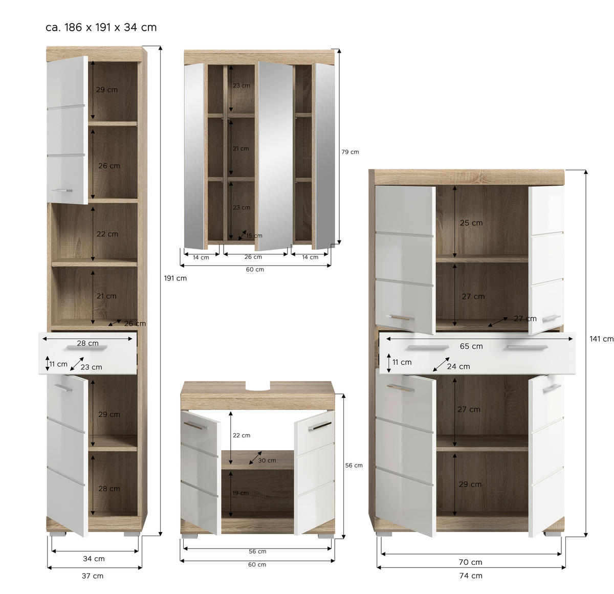 BADEZIMMER 4-teilig  in 171 cm  - Weiß Hochglanz/Silberfarben, MODERN, Glas/Holzwerkstoff (171cm) - MID.YOU