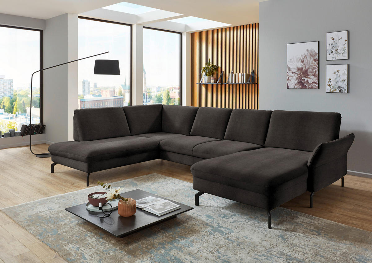 WOHNLANDSCHAFT in Velours Dunkelbraun  - Dunkelbraun/Schwarz, Design, Textil/Metall (220/335/179cm) - Beldomo System