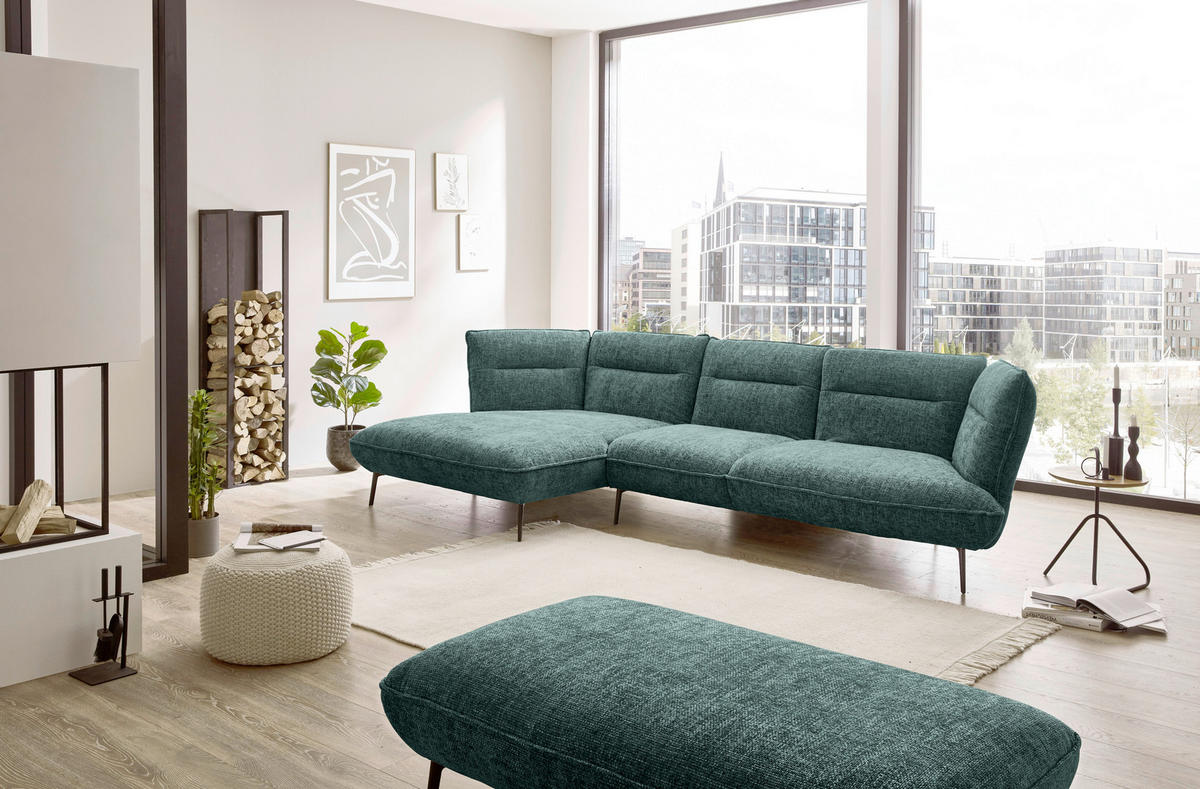ECKSOFA in Flachgewebe Blau, Grün  - Blau/Schwarz, Design, Textil/Metall (153/339cm) - Moderano