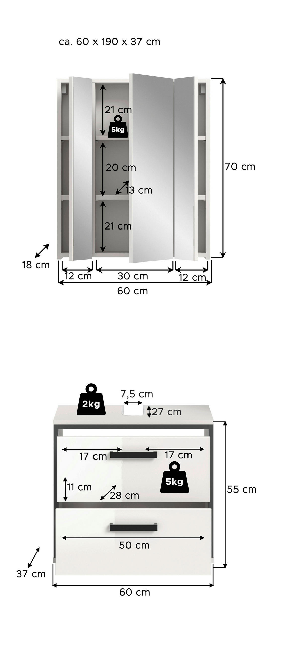 BADEZIMMER 2-teilig  in 60 cm  - Weiß Hochglanz/Schwarz, MODERN, Holzwerkstoff/Kunststoff (60cm) - MID.YOU