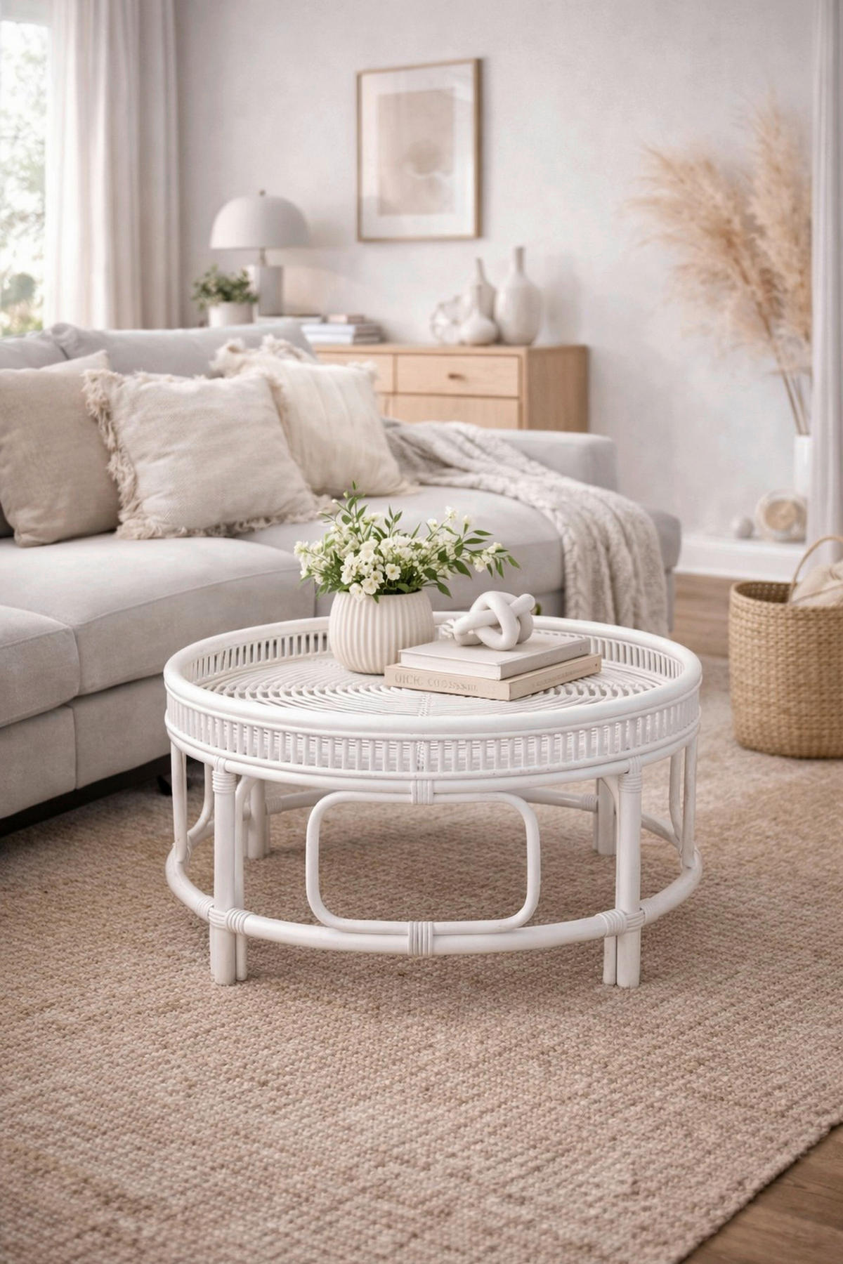 COUCHTISCH Rattan massiv 75/75/41 cm rund Weiß  - Weiß, Design, Holz (75/75/41cm) - MID.YOU