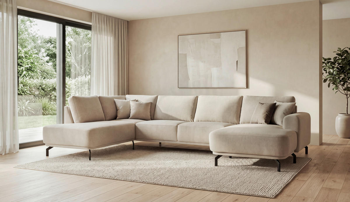 SOFFA i flatväv cappuccino  - cappuccino/svart, Klassisk, metall/trä (338/83/198cm) - Best Price