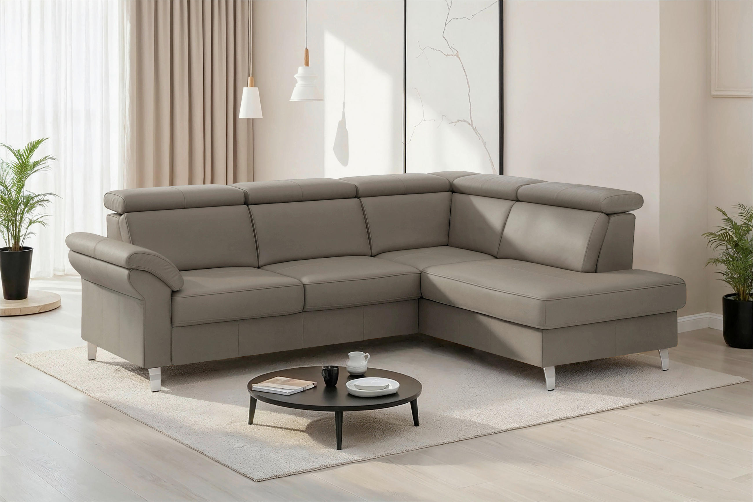 ECKSOFA 245/194 cm ARNGAST E in Echtleder Grau Kopfteilverstellung  245/194 cm  - Chromfarben/Grau, Basics, Leder/Textil (245/194cm) - Sit & More