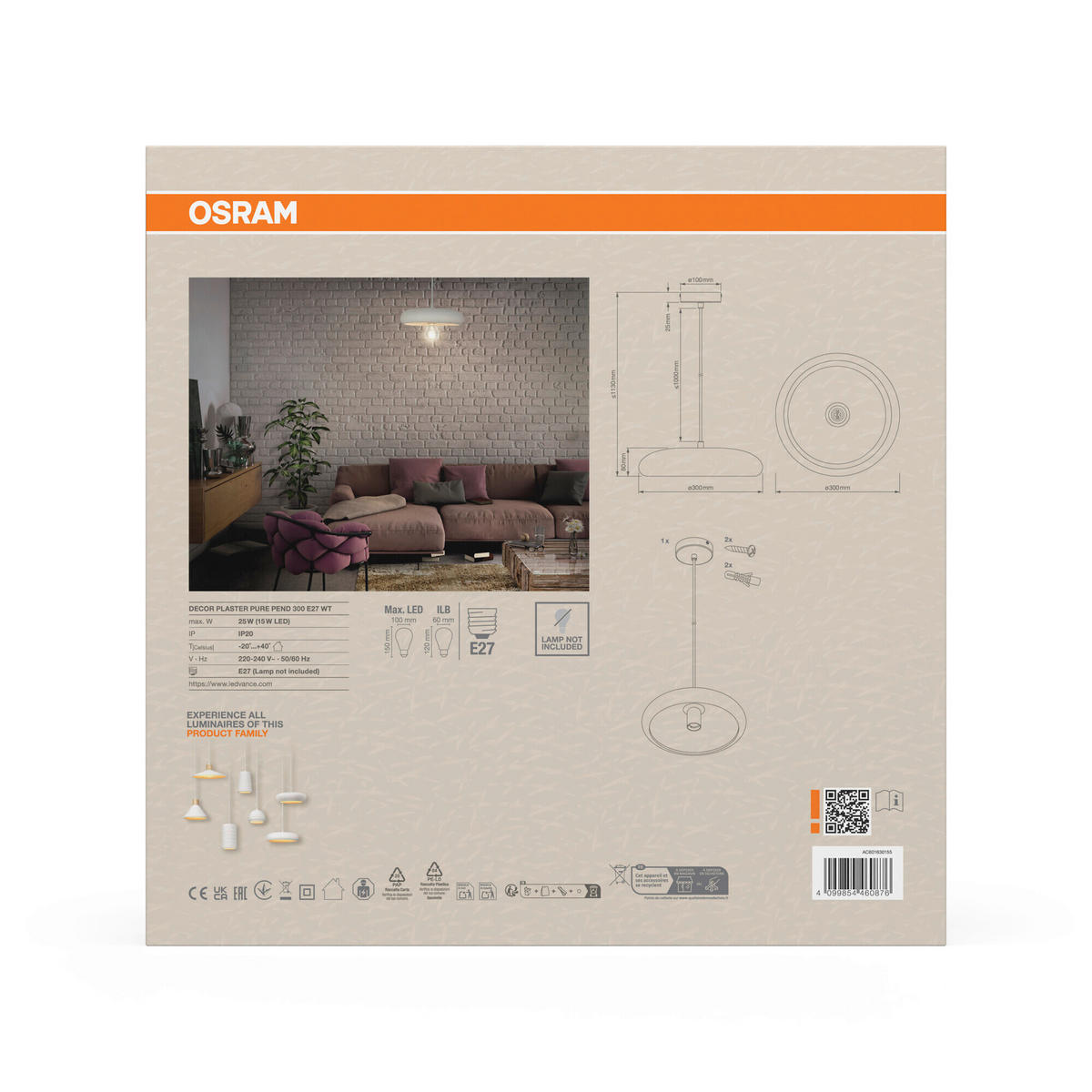 HÄNGELEUCHTE 29.8/113 cm  - Weiß, Basics, Stein/Metall (29.8/113cm) - Osram