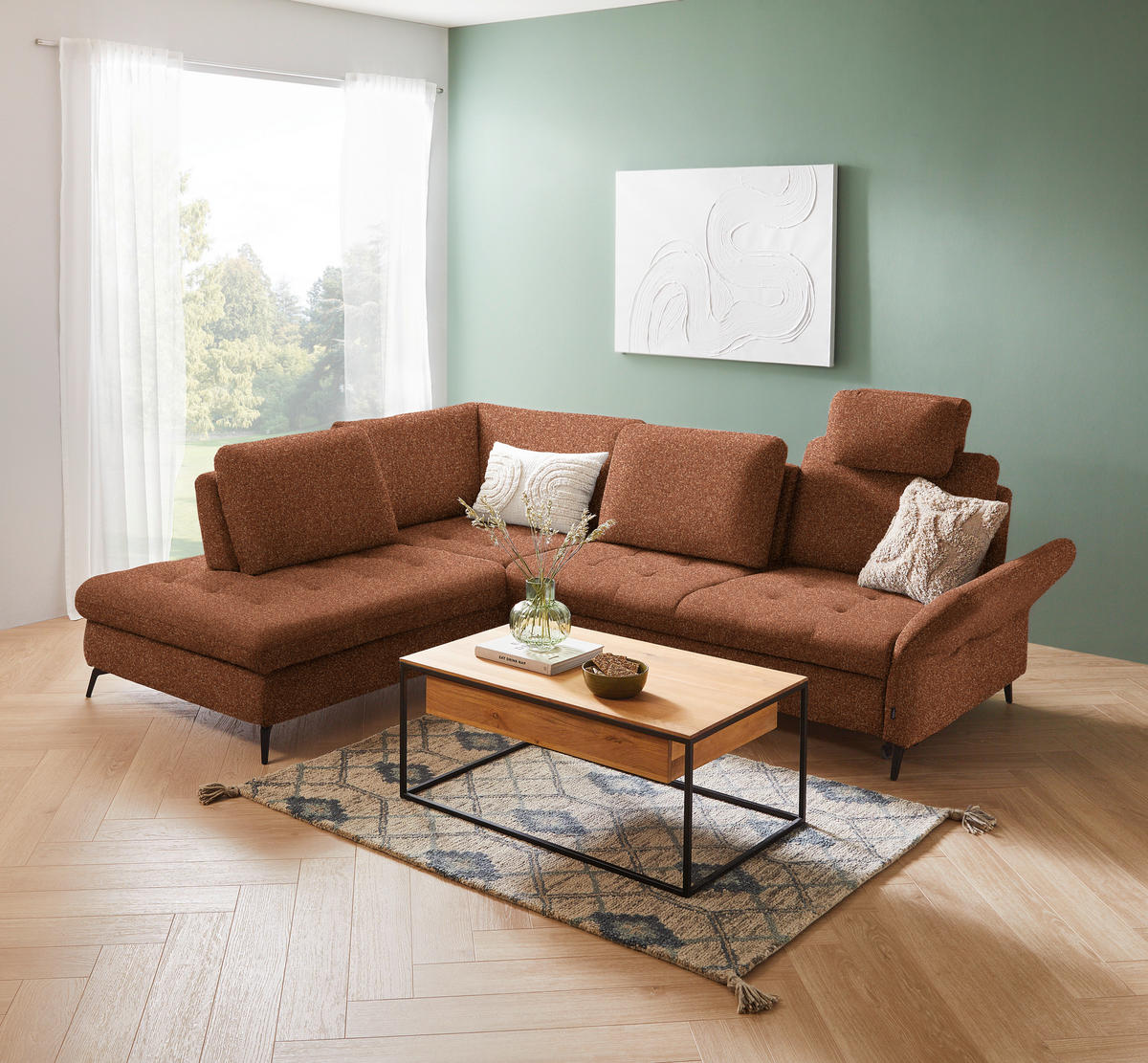 ECKSOFA Cognac Bouclé  - Cognac/Schwarz, Natur, Textil/Metall (233/288cm) - Valnatura