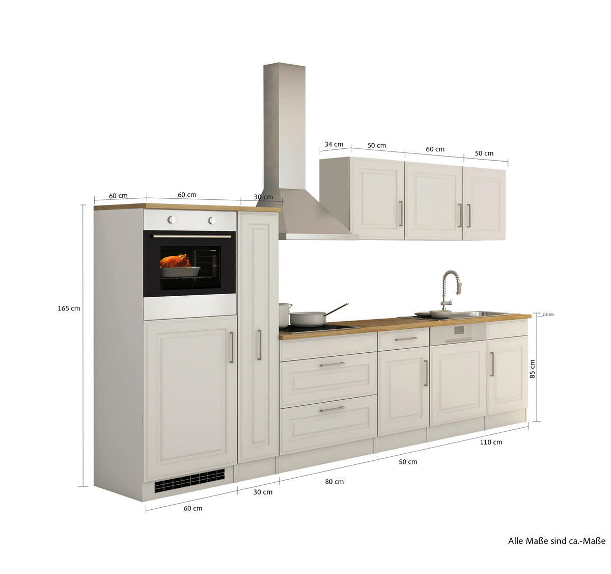 KÜCHENBLOCK 330 cm   in Weiß, Sonoma Eiche  - Alufarben/Weiß, MODERN, Holzwerkstoff/Metall (330cm) - Held