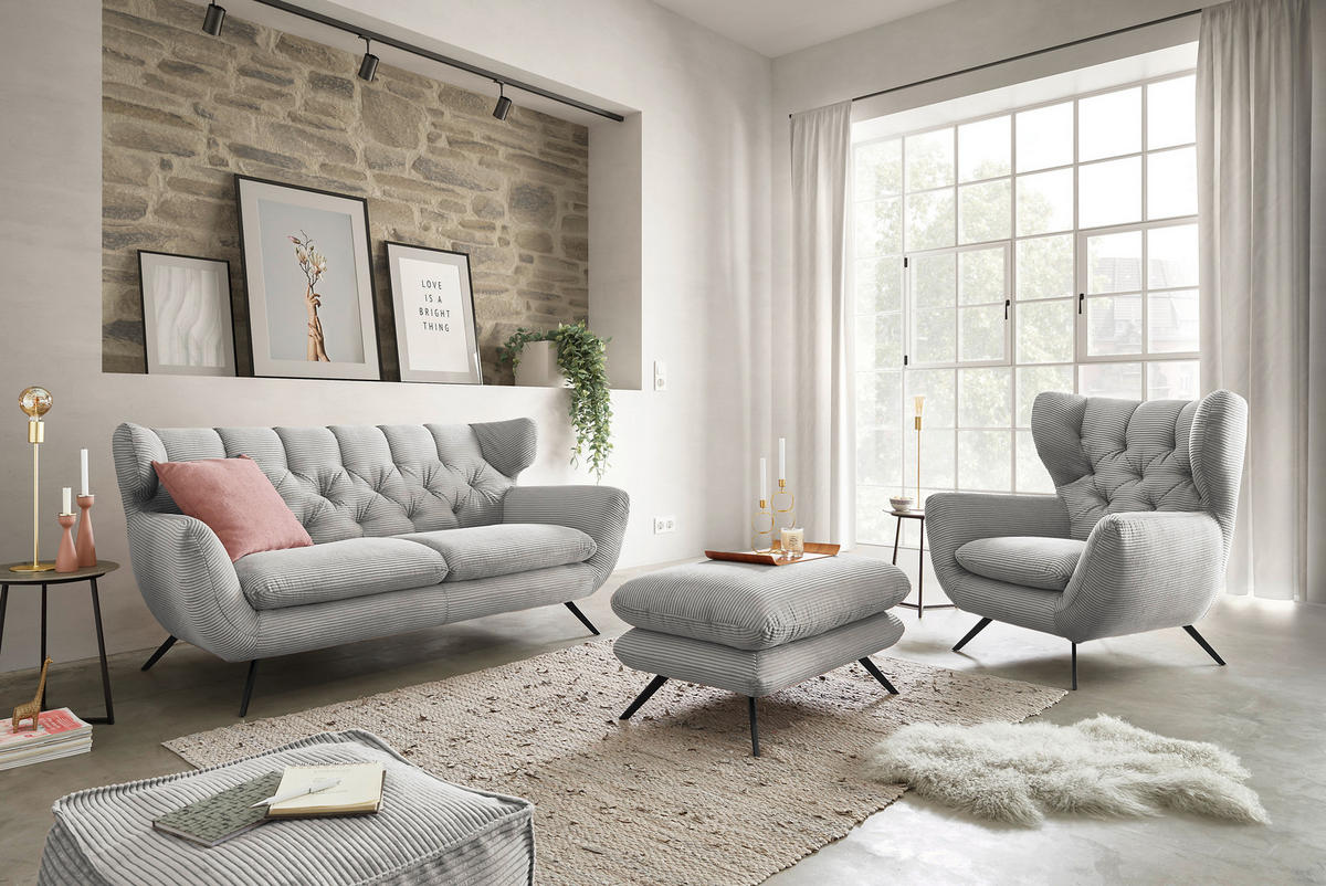 CHESTERFIELD-SOFA Cord Grau  - Schwarz/Grau, MODERN, Textil/Metall (160/94/95cm) - Pure Home Lifestyle