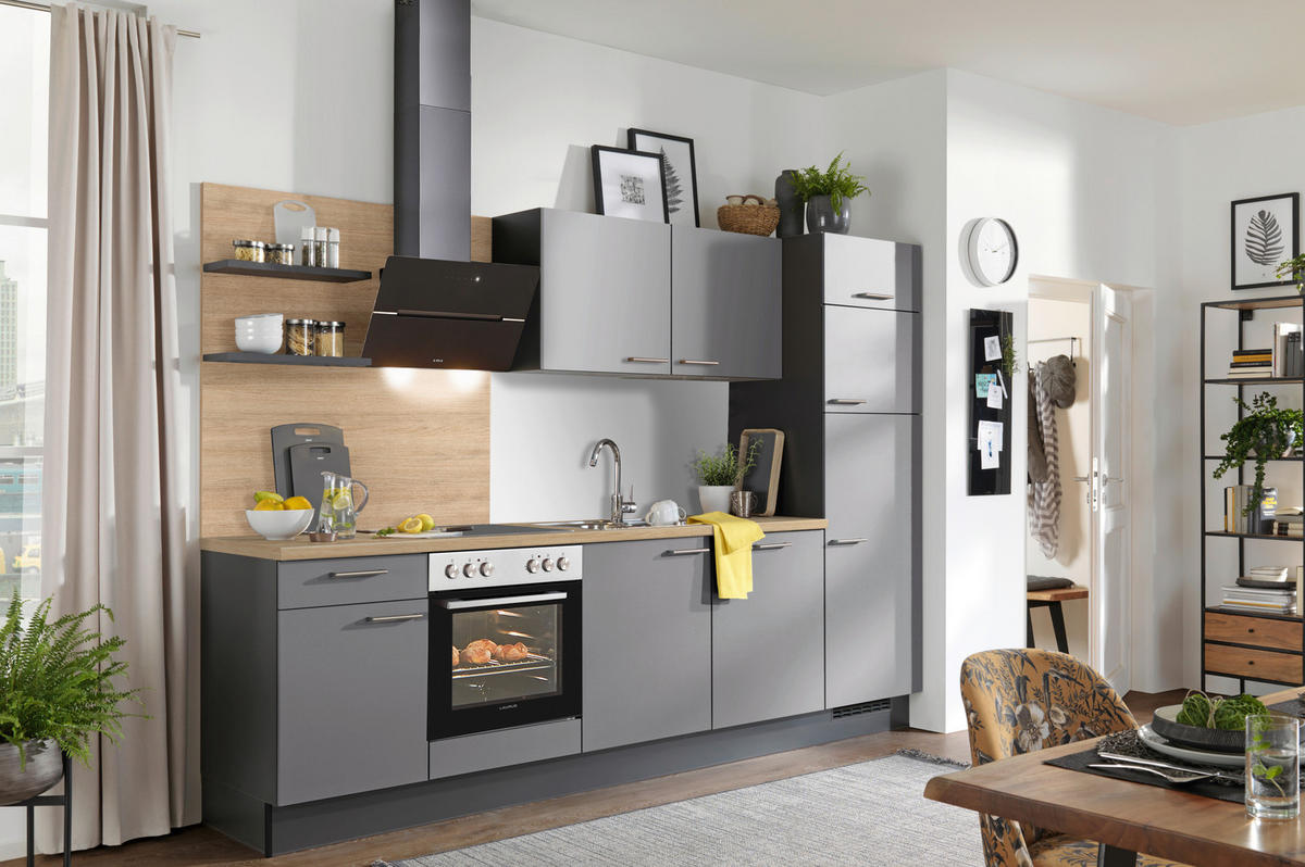KÜCHENBLOCK 290 cm   in Graphitfarben, Grau, Eichefarben  - Edelstahlfarben/Eichefarben, Design, Holzwerkstoff/Metall (290cm) - Xora