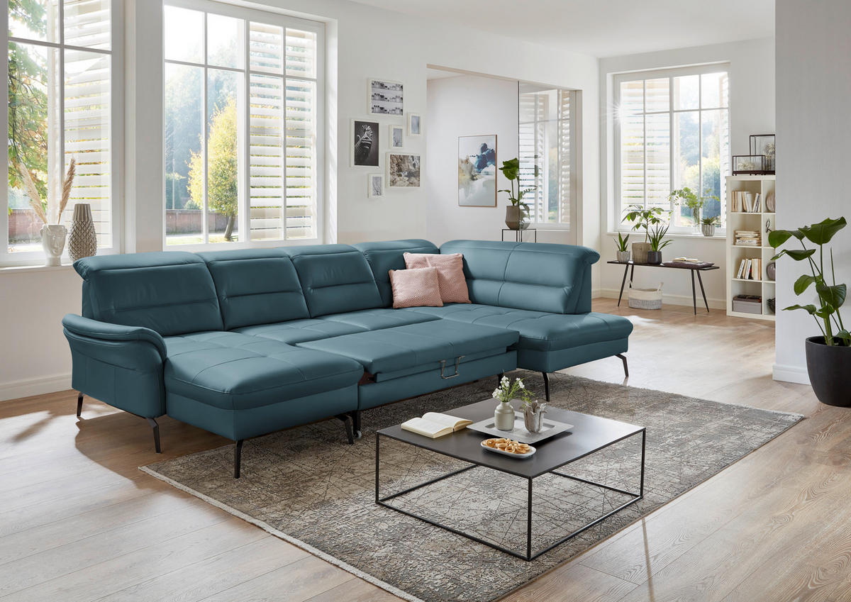 WOHNLANDSCHAFT in Echtleder Blau  - Blau/Schwarz, Design, Leder/Metall (181/336/206cm) - Beldomo Speed