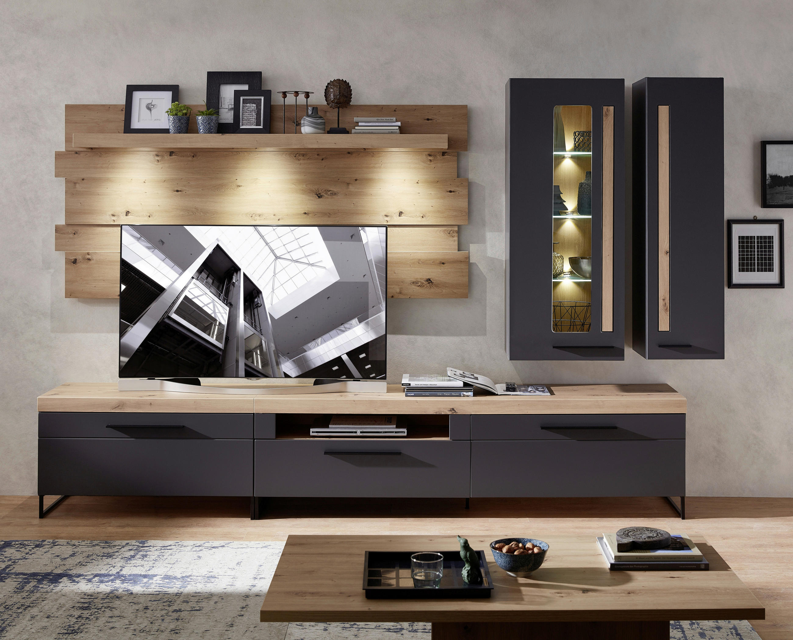 WOHNWAND Graphitfarben, Eichefarben Beleuchtung, Einlegeböden - Eichefarben/Graphitfarben, MODERN, Glas/Holzwerkstoff (314/201/44cm) - Livetastic