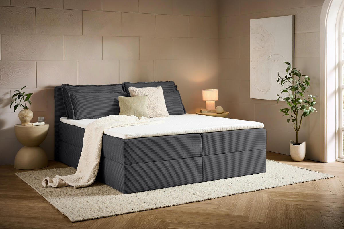 BOXBETT 180/200 cm,  in Anthrazit, Kissen, Bettkasten, Topper, H3 + H3 = fest  - Anthrazit/Schwarz, Design, Kunststoff/Textil (180/200cm) - Chameo