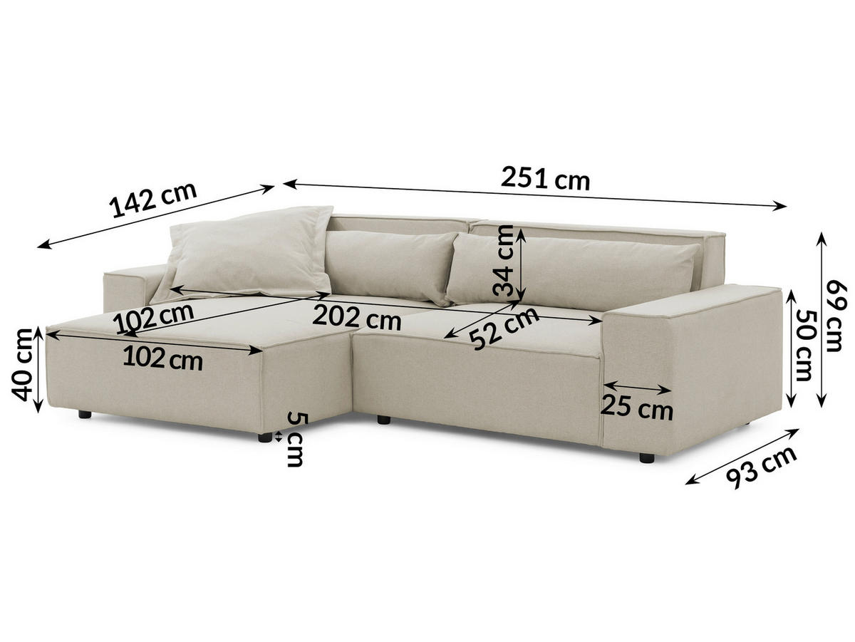 ECKSOFA Curduroy in Webstoff Ecru Rückenkissen  251/142 cm  - Ecru/Schwarz, Design, Kunststoff/Textil (251/142cm) - P & B