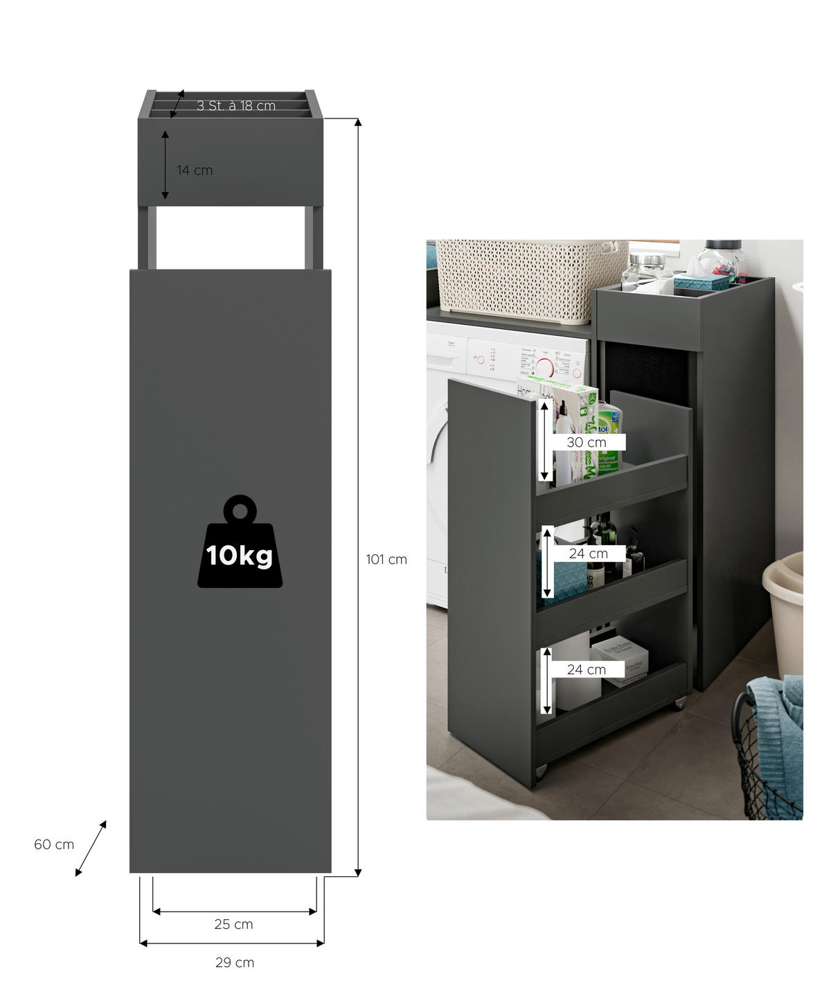 UNTERSCHRANK 29/101/60 cm  - Anthrazit, Basics, Holzwerkstoff (29/101/60cm) - MID.YOU