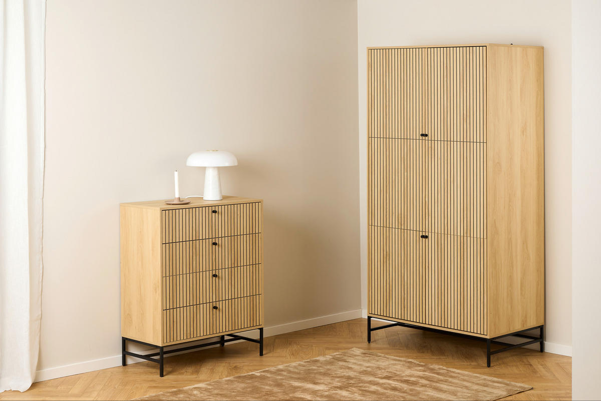 OMARA S KLASIČNIMI VRATI, furnirano hrast naravne barve, črna  - črna/naravne barve, Design, kovina/leseni material (99/200/60cm) - MID.YOU