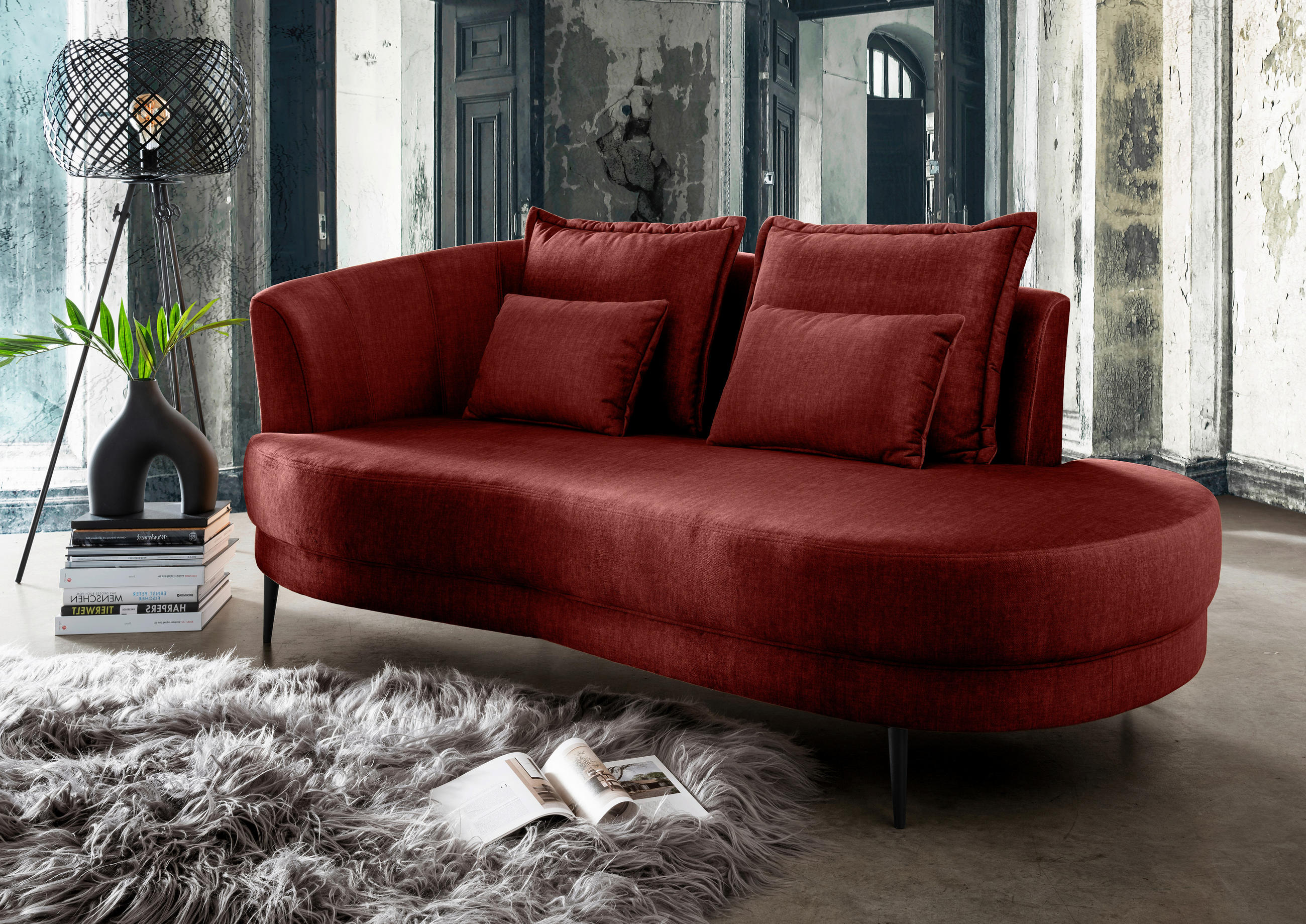 OTTOMANE Velours Koralle  - Koralle/Schwarz, MODERN, Textil/Metall (211/85/101cm) - Livetastic