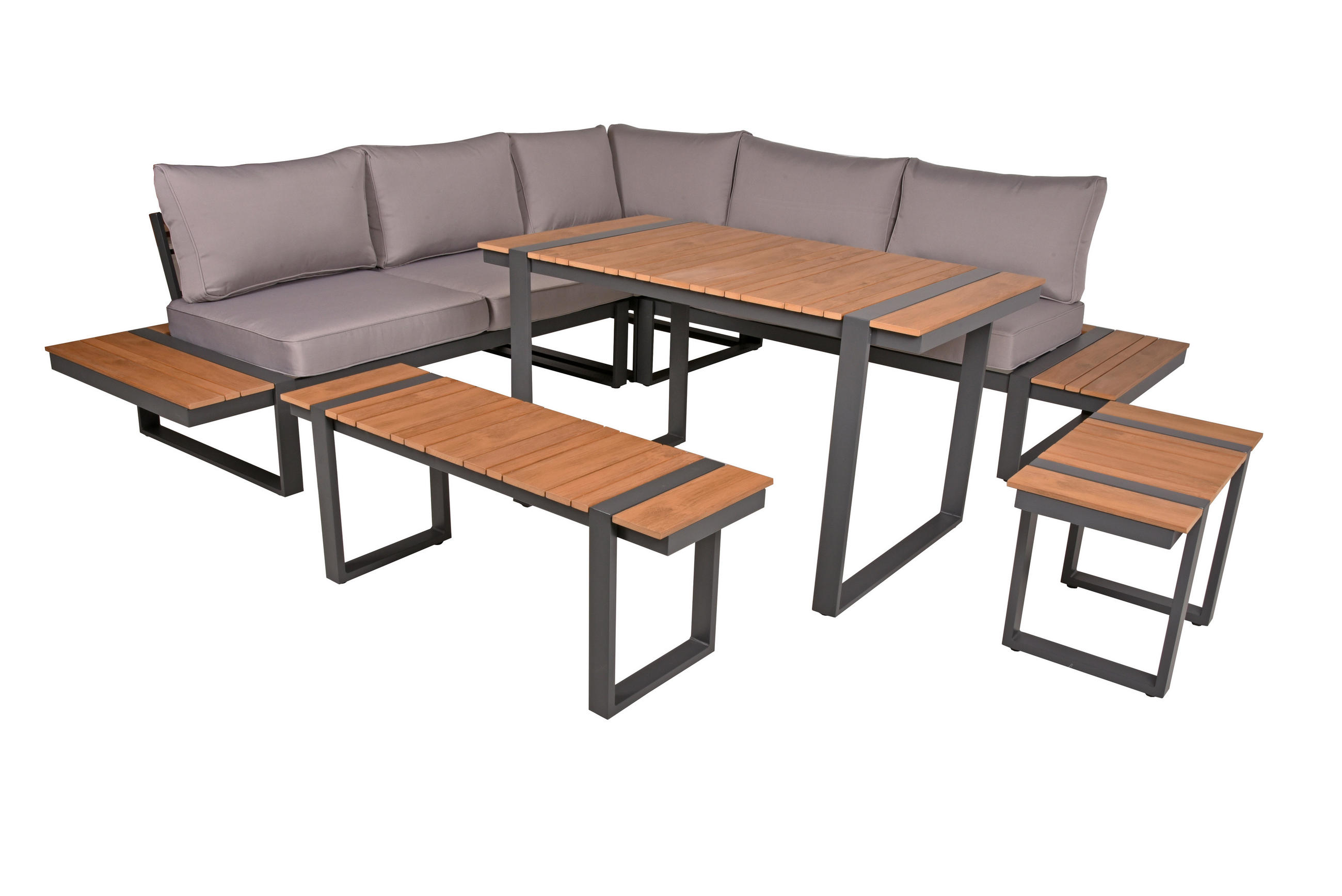 LOUNGEGARNITUR Aluminium  - Hellbraun/Dunkelgrau, Basics, Kunststoff/Textil - Gardenson