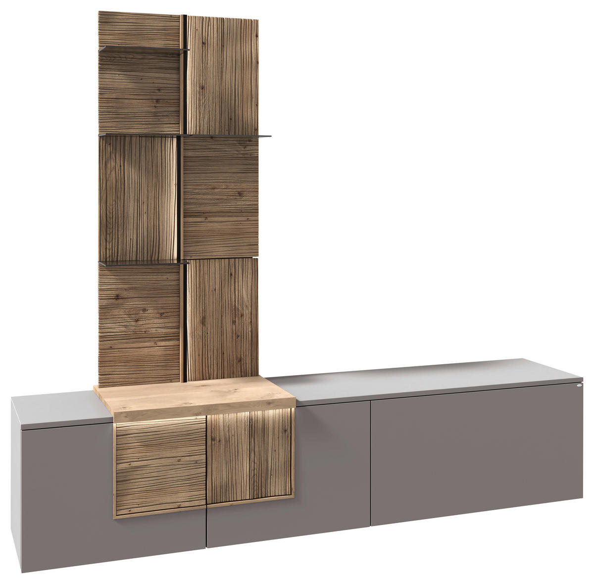 WOHNWAND VLACERA LIVING  in Grau, Wildeiche  224/198/45 cm  - Wildeiche/Grau, Design, Glas/Holz (224/198/45cm) - Voglauer