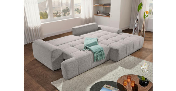 Ecksofa mit Funktion Grau Flachgewebe Zierkissen, Rückenkissen, Bettkasten, Schlaffunktion, Rücken echt, Liegefläche im Originalstoff  - Schwarz/Grau, KONVENTIONELL, Kunststoff/Textil (277/190cm) - Carryhome