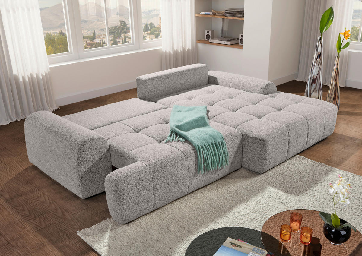 Ecksofa mit Funktion Grau Flachgewebe Zierkissen, Rückenkissen, Bettkasten, Schlaffunktion, Rücken echt, Liegefläche im Originalstoff  - Schwarz/Grau, KONVENTIONELL, Kunststoff/Textil (277/190cm) - Carryhome