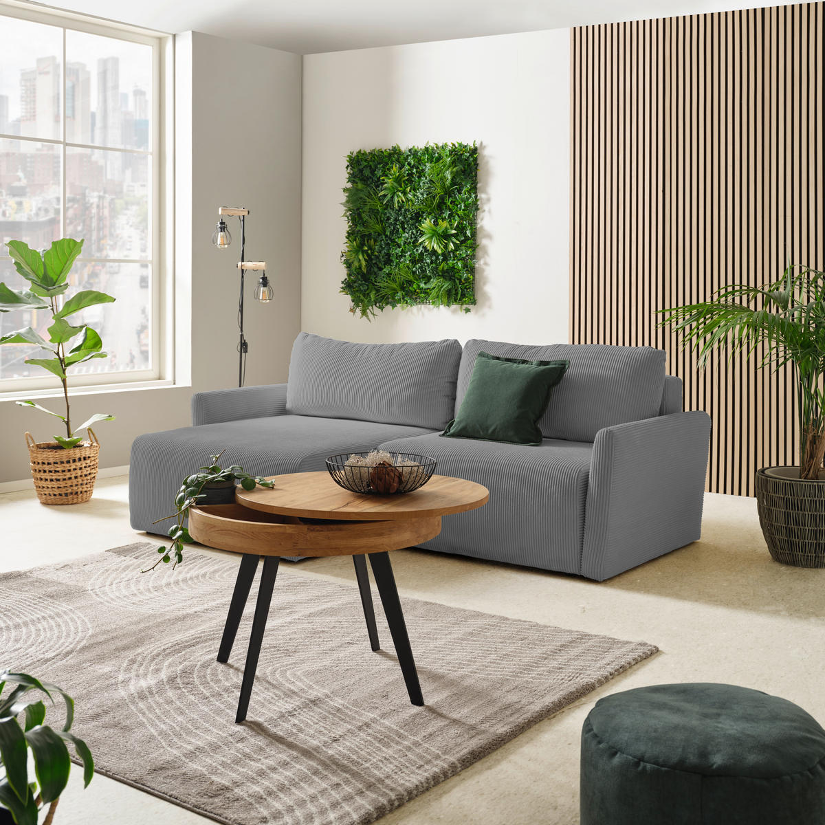 ECKSOFA in Cord Hellgrau  - Hellgrau/Schwarz, Konventionell, Kunststoff/Textil (228/146cm) - MID.YOU