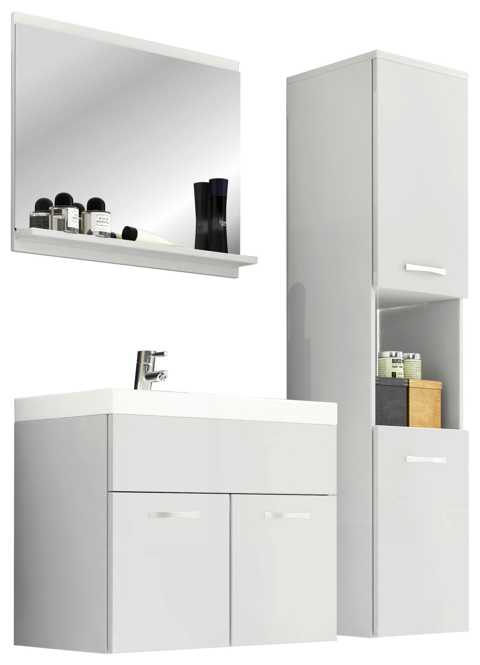 BADEZIMMER 4-teilig  in 90 cm  - Weiß Hochglanz/Weiß, LIFESTYLE, Holzwerkstoff/Metall (90cm) - P & B
