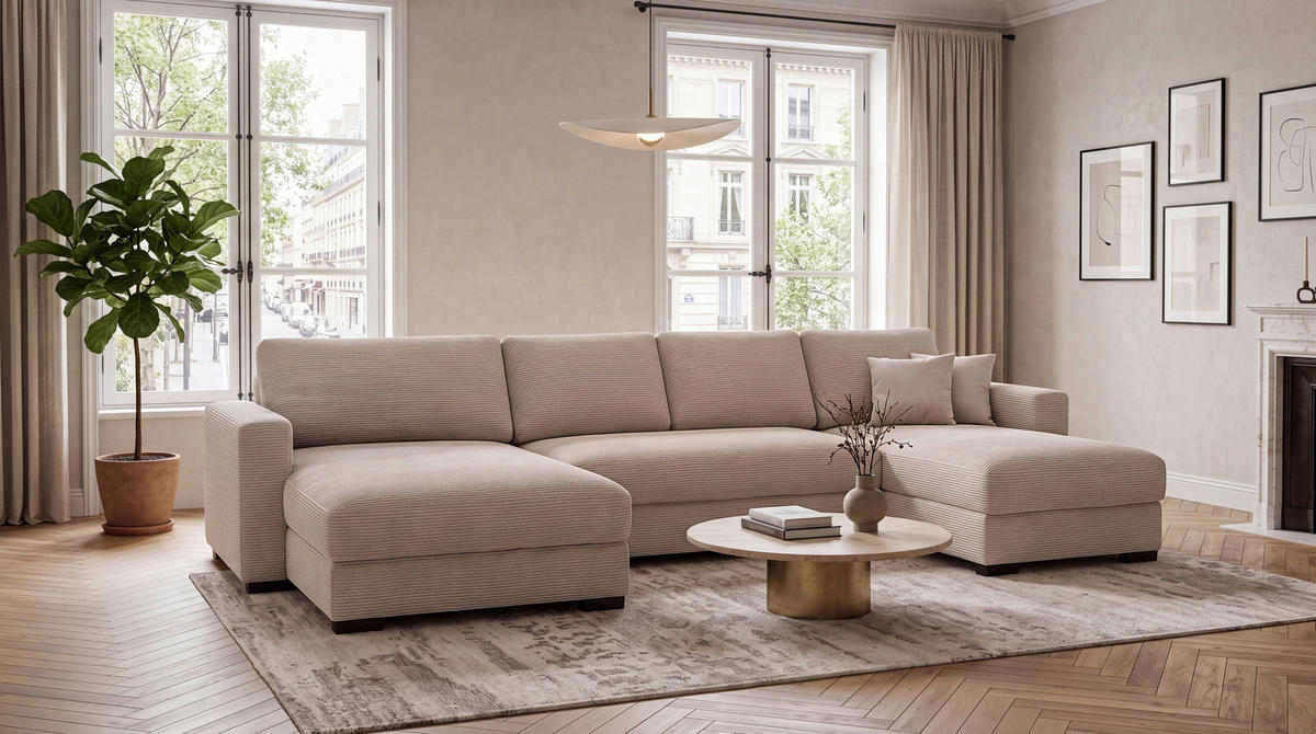 WOHNLANDSCHAFT CHARLES in Cord Creme  - Creme/Schwarz, Design, Holz/Textil (184/354/184cm) - Stylife