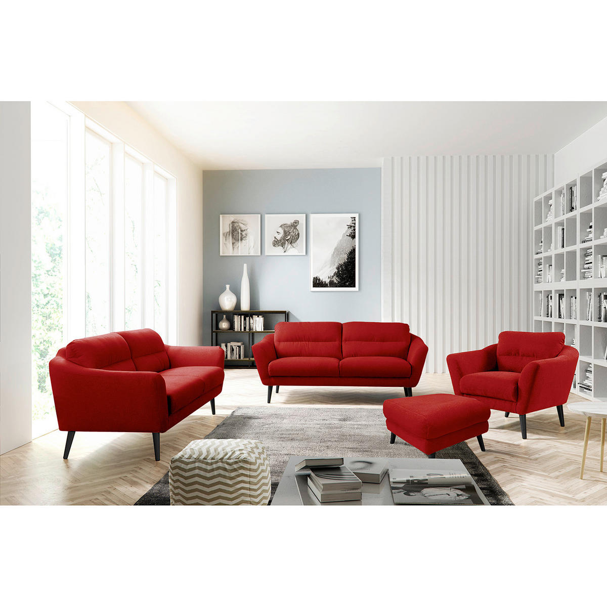 HOCKER in Textil Rot  - Rot/Schwarz, Design, Holz/Textil (61/49/65cm) - Livetastic