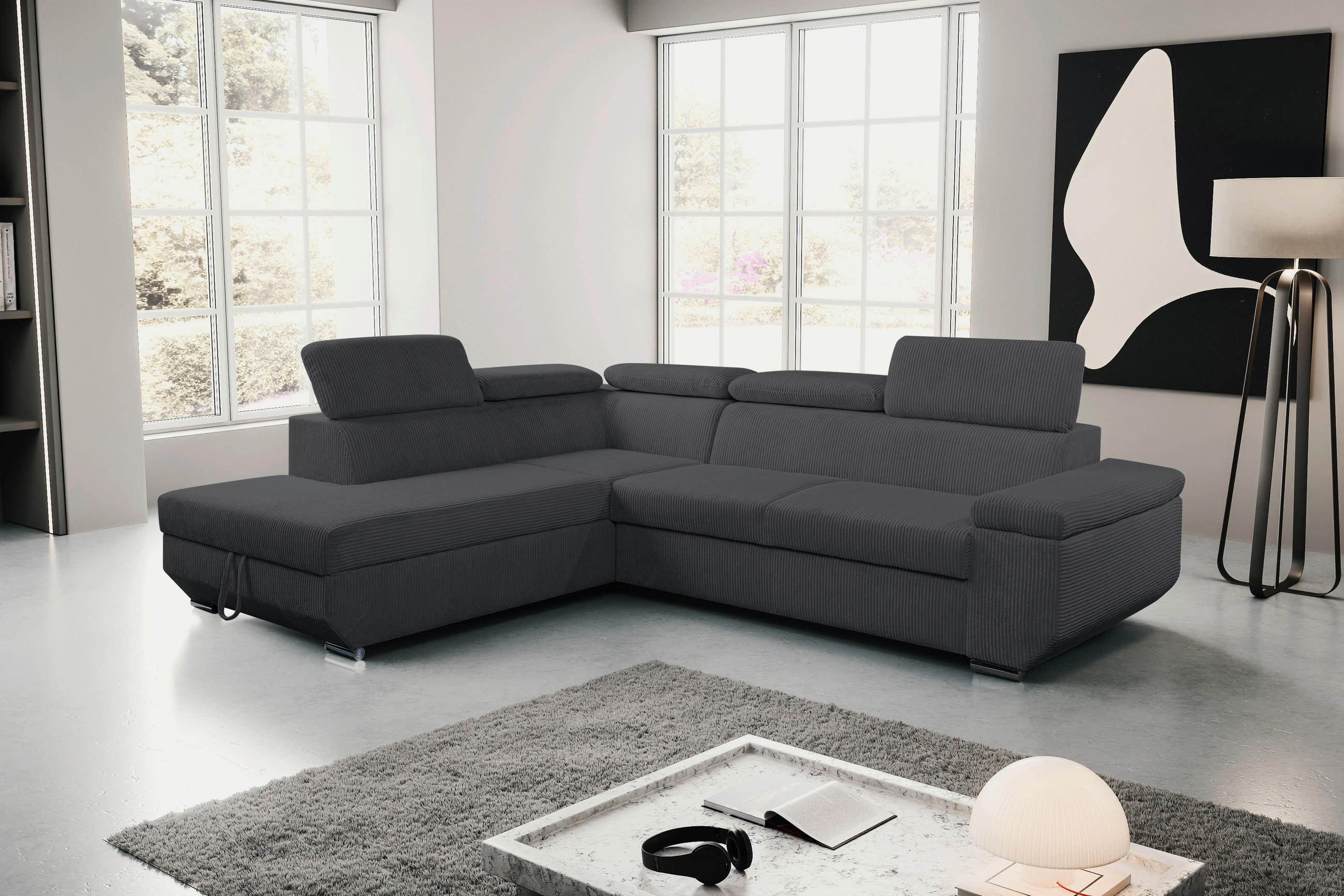 ECKSOFA LARS I Anthrazit Cord  - Chromfarben/Anthrazit, Design, Kunststoff/Textil (215/264cm) - Livetastic