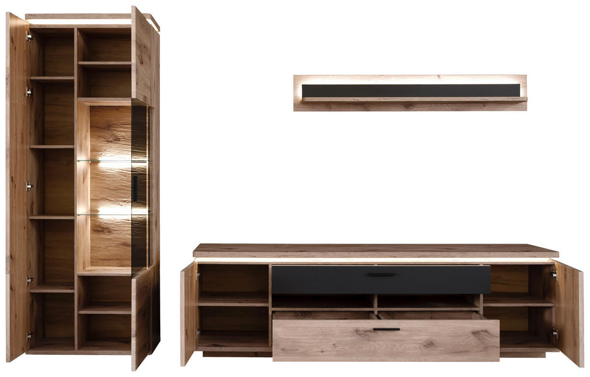 WOHNWAND 3-teilig  in Anthrazit, Eiche dunkel  295/208/50 cm  - Eiche dunkel/Anthrazit, KONVENTIONELL, Glas/Holzwerkstoff (295/208/50cm) - Cantus