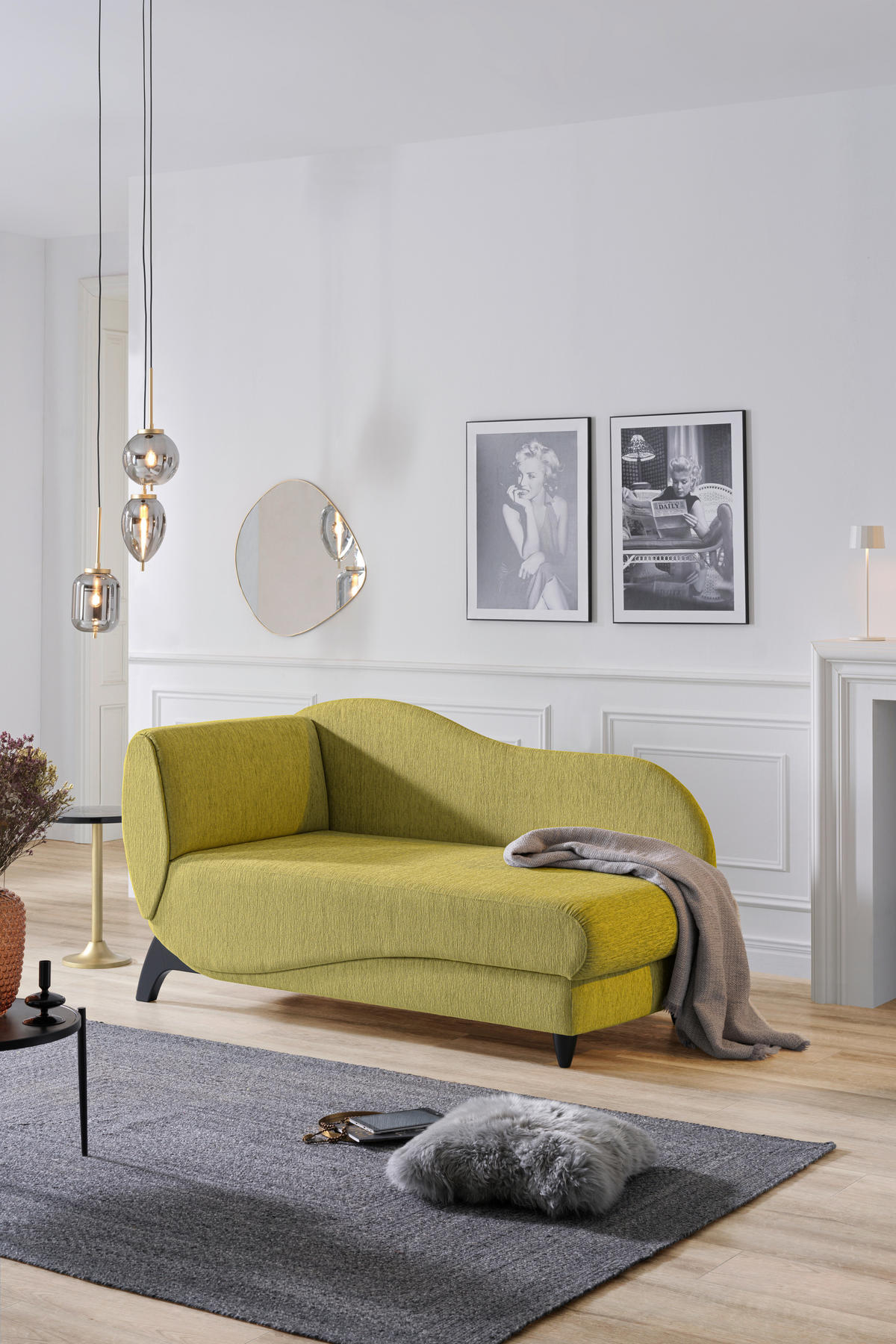 RÉCAMIERE in Webstoff Hellgrün  - Schwarz/Hellgrün, Modern, Holz/Textil (84/87/171-190cm) - Joka