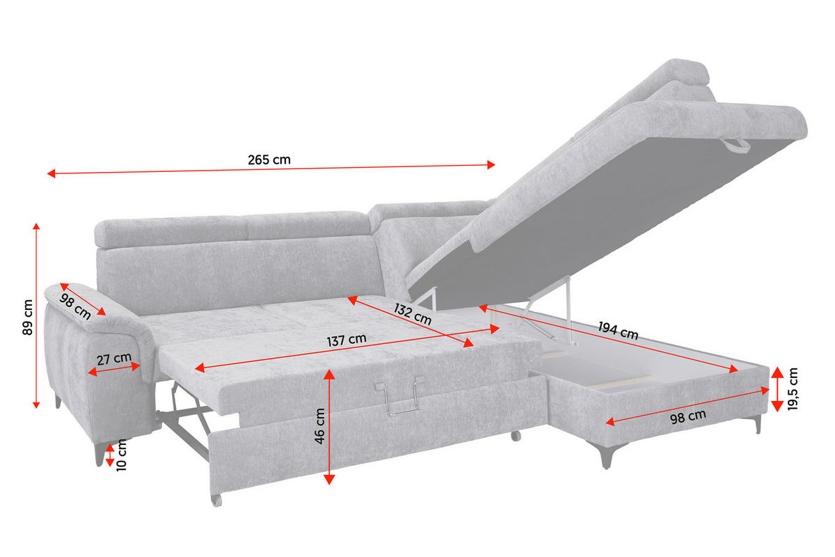 ECKSOFA Elfenbein Chenille Bettkasten, Schlaffunktion, Rücken echt, Kopfteilverstellung, Liegefläche im Originalstoff  - Elfenbein/Schwarz, KONVENTIONELL, Textil/Metall (265/206cm) - Carryhome