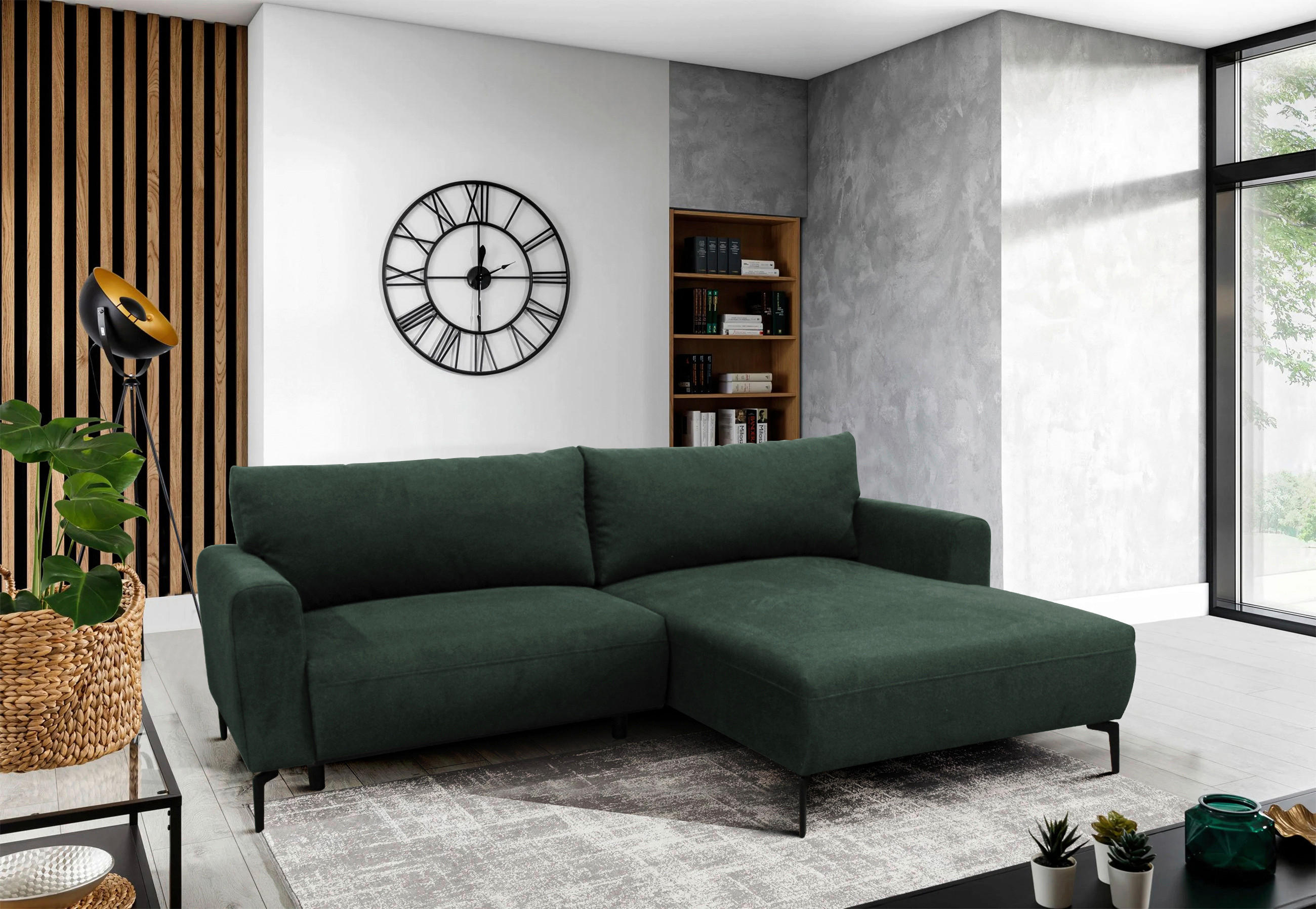 ECKSOFA in Flachgewebe Dunkelgrün  240/163 cm  - Dunkelgrün/Schwarz, Design, Textil/Metall (240/163cm) - MID.YOU