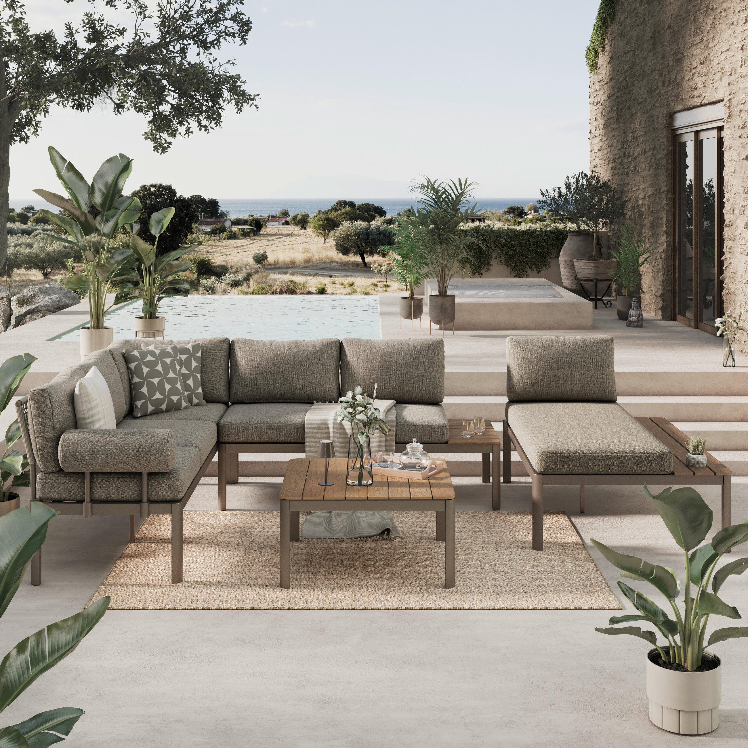 LOUNGEGARNITUR 3-teilig  219/238 cm  Aluminium  - Taupe/Naturfarben, Design, Kunststoff/Textil (219/238cm) - Amatio