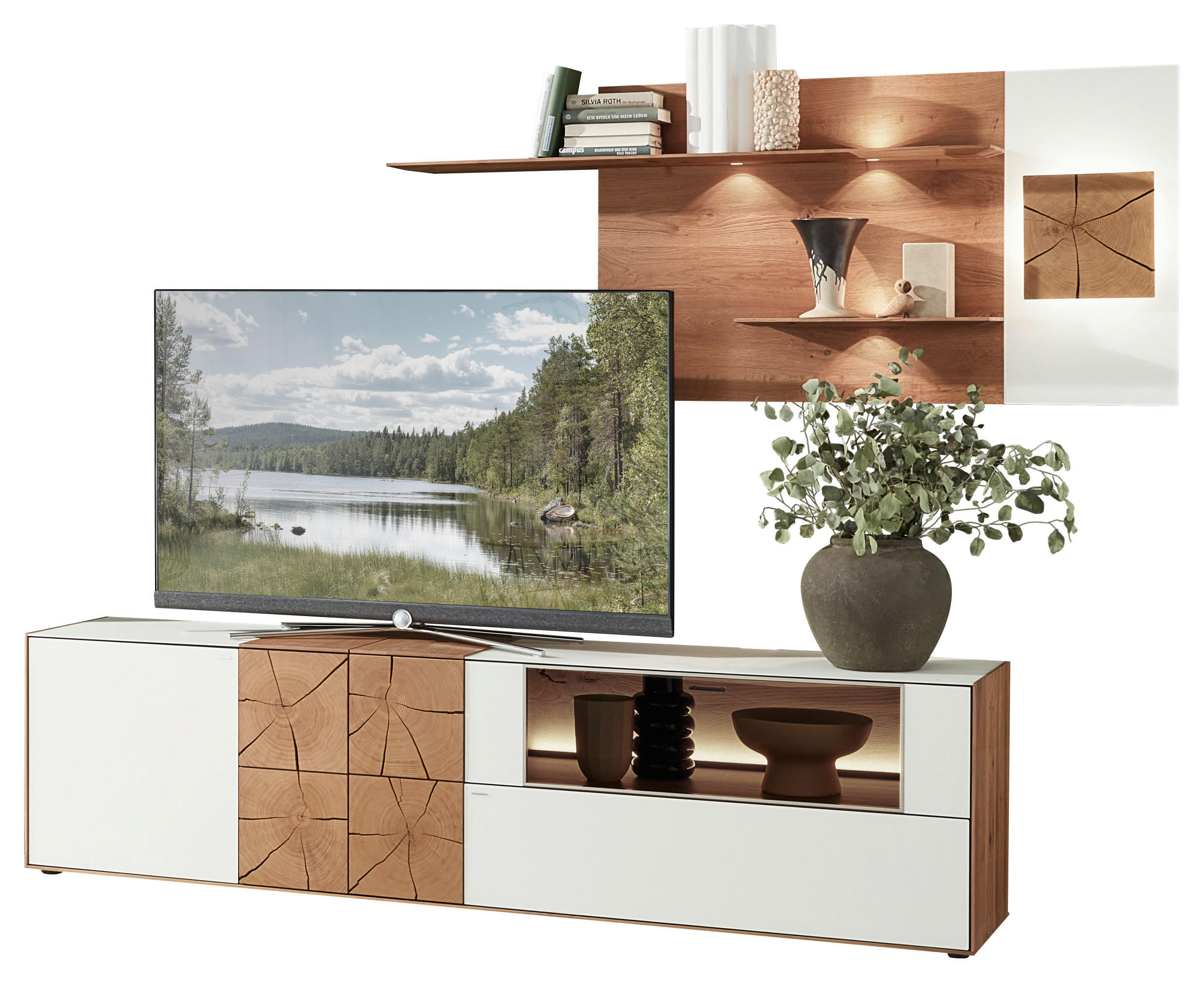 WOHNWAND  in Weiss, Eichefarben 271/196/49 cm  - Weiss/Eichefarben, Design, Glas/Holz (271/196/49cm) - Valnatura