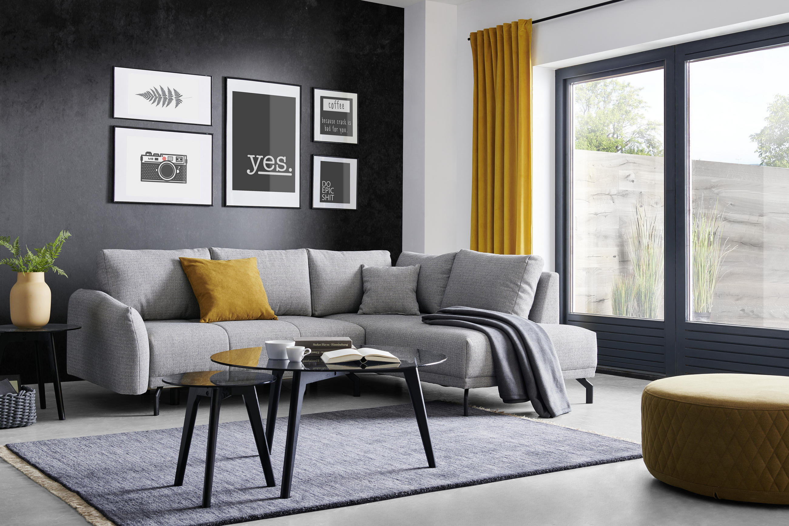 ECKSOFA Dunkelgrau Samt  - Dunkelgrau/Schwarz, LIFESTYLE, Textil/Metall (250/191cm) - Carryhome