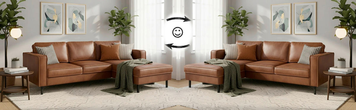 ECKSOFA Lederlook, Mikrofaser Echtleder Cognac  - Cognac/Schwarz, Modern, Leder/Textil (232/161cm) - Trendmanufaktur