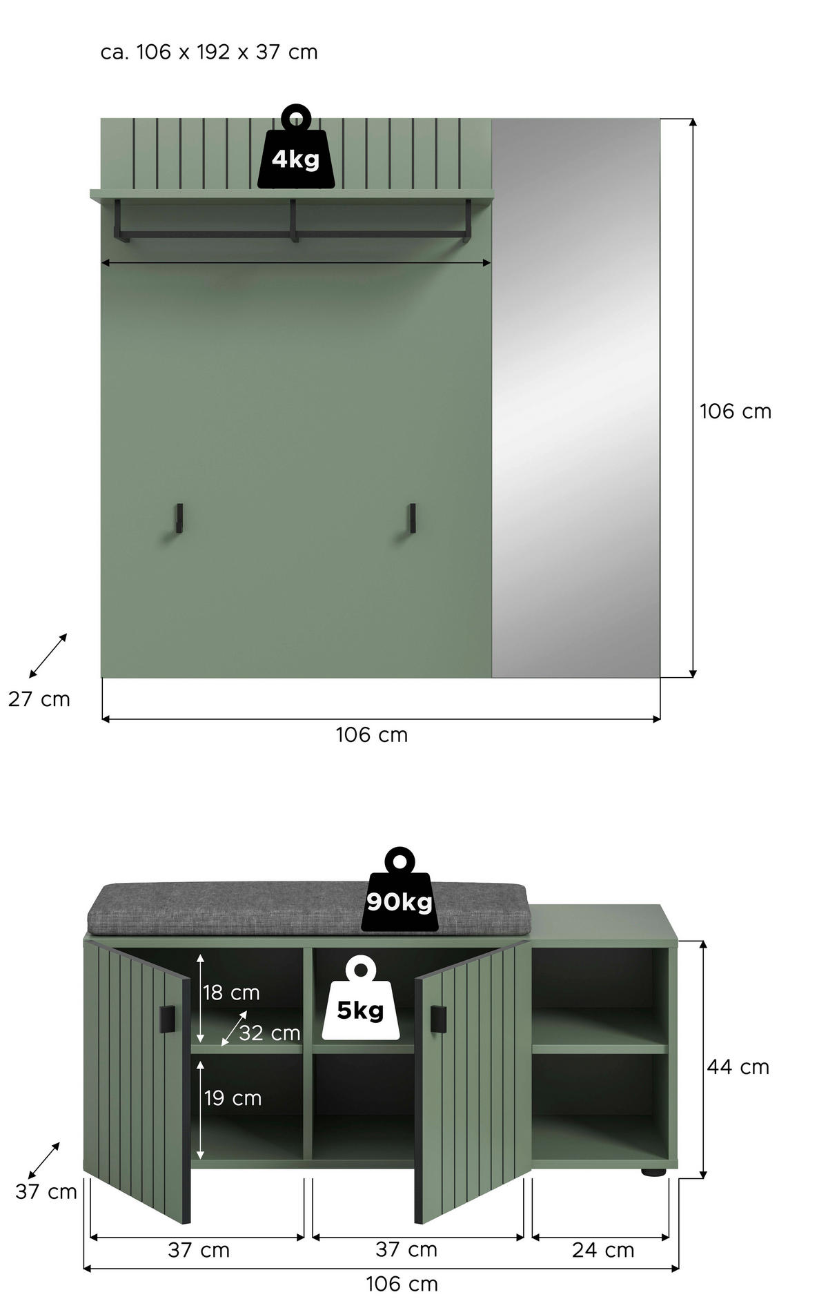 GARDEROBE 2-teilig  in 106/192/37 cm  - Graugrün, Design, Holzwerkstoff (106/192/37cm) - MID.YOU