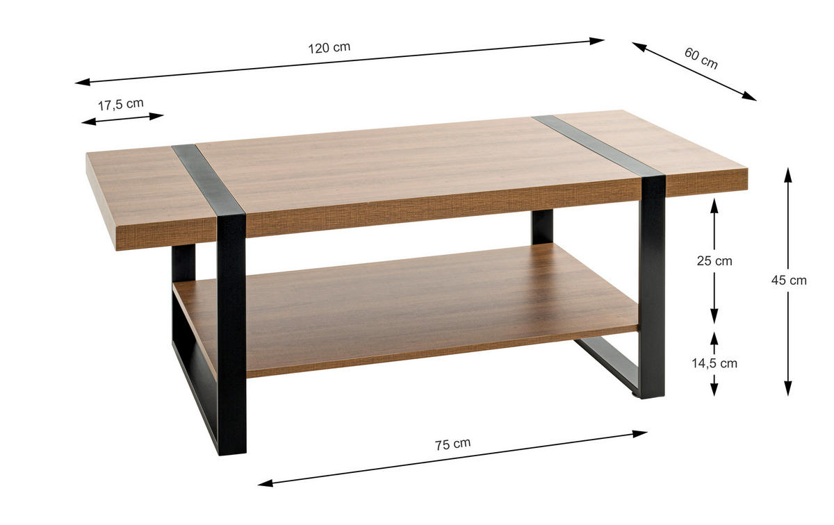 COUCHTISCH 120/60/45 cm rechteckig Schwarz, Eichefarben  - Eichefarben/Schwarz, Design, Holzwerkstoff/Metall (120/60/45cm)