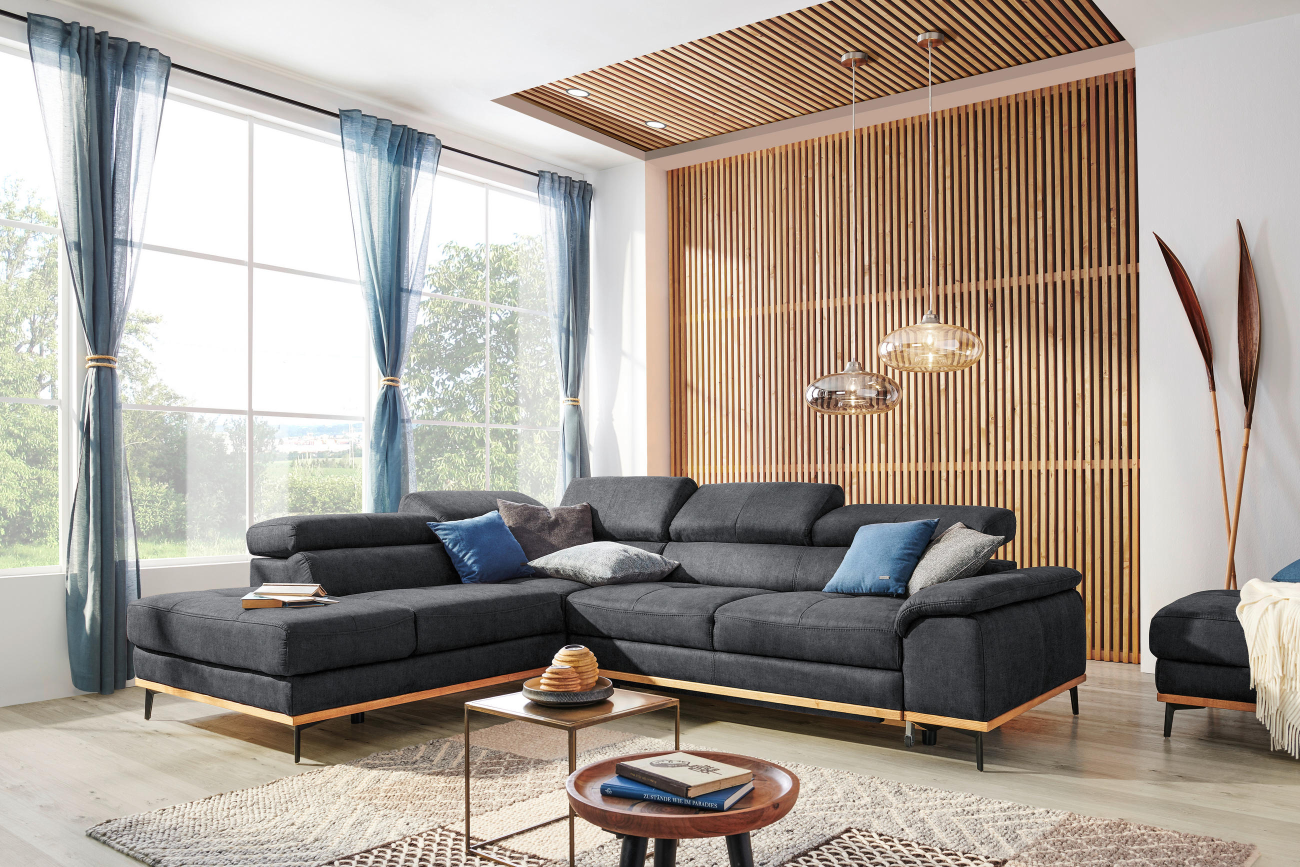 ECKSOFA Dunkelgrau Webstoff  - Dunkelgrau/Schwarz, Natur, Holz/Textil (226/282cm) - Novel