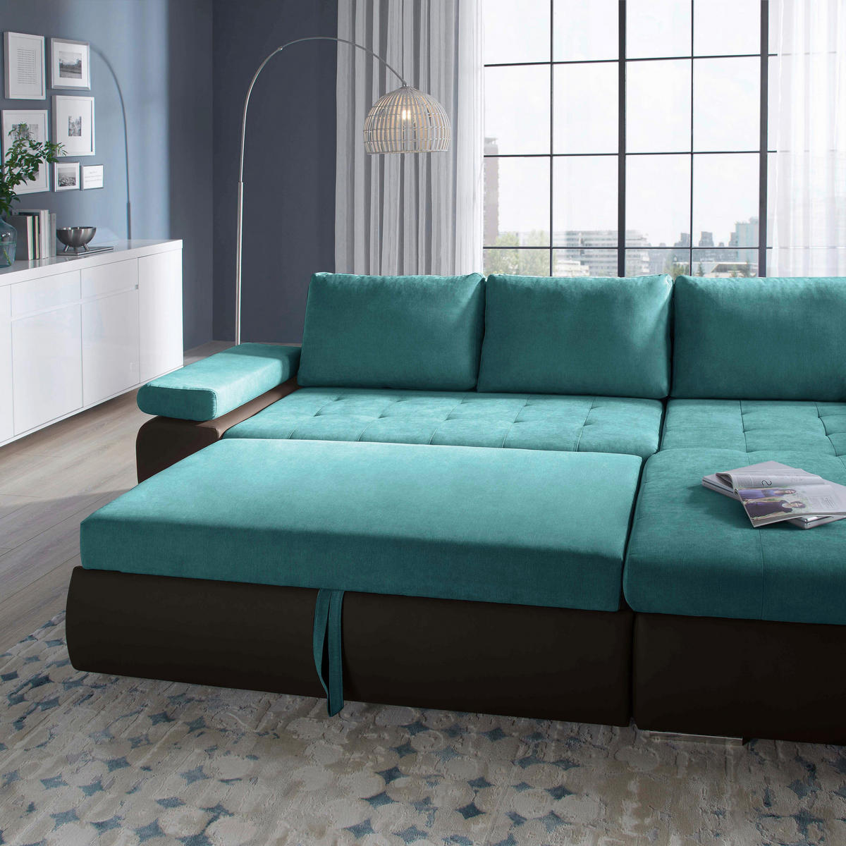 ECKSOFA Türkis, Schlammfarben Flachgewebe  - Türkis/Schlammfarben, Design, Kunststoff/Textil (271/175cm) - MID.YOU