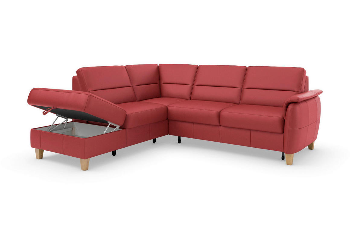 ECKSOFA PALMERA E Rot Kombination Echtleder/Stoff Mikrofaser Stauraum  - Eichefarben/Rot, Basics, Leder/Holz (212/236cm) - Sit & More