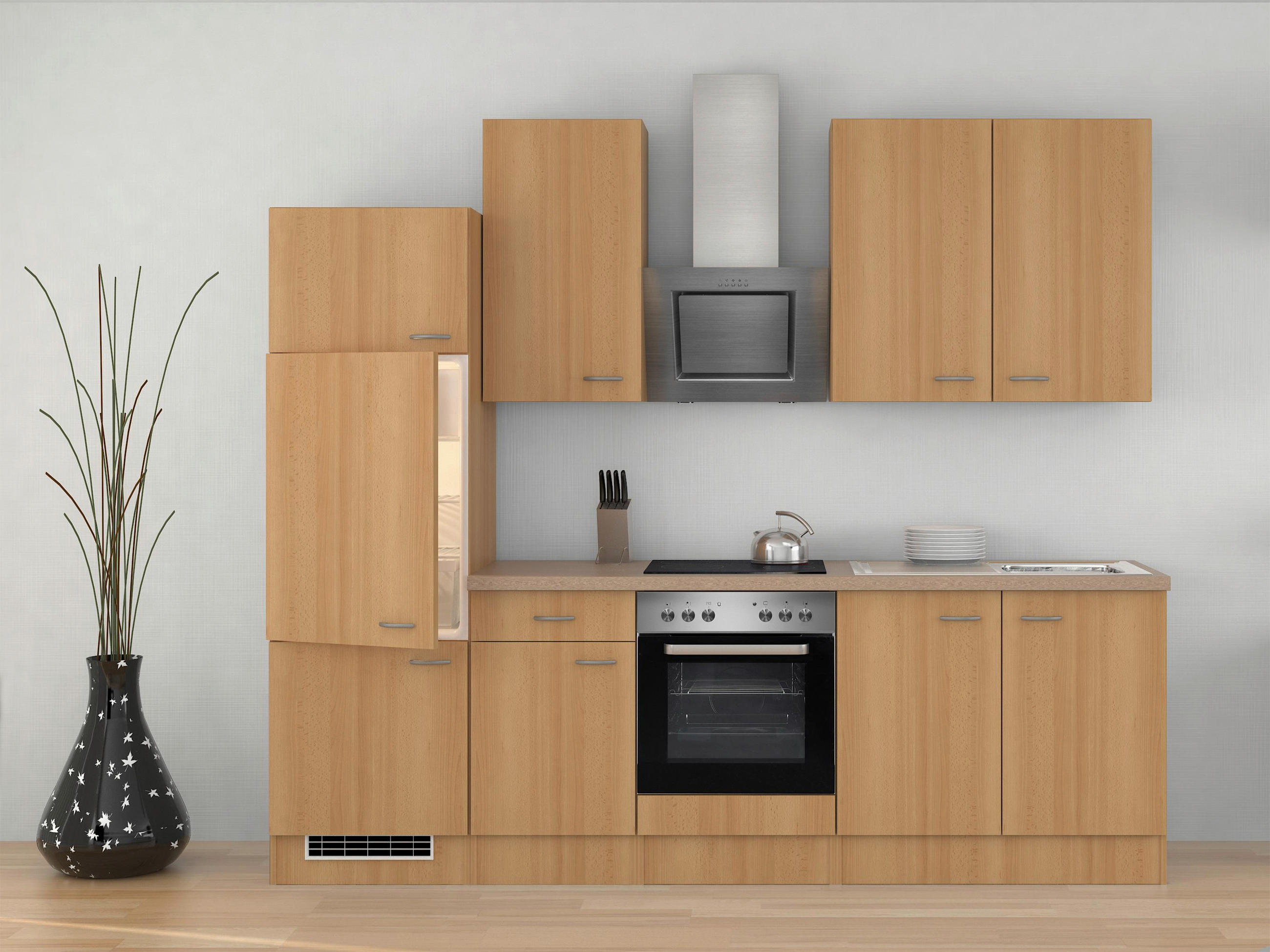 KÜCHENBLOCK 270 cm in Buchefarben - Edelstahlfarben/Beige, MODERN, Holzwerkstoff/Kunststoff (270cm) - FlexWell