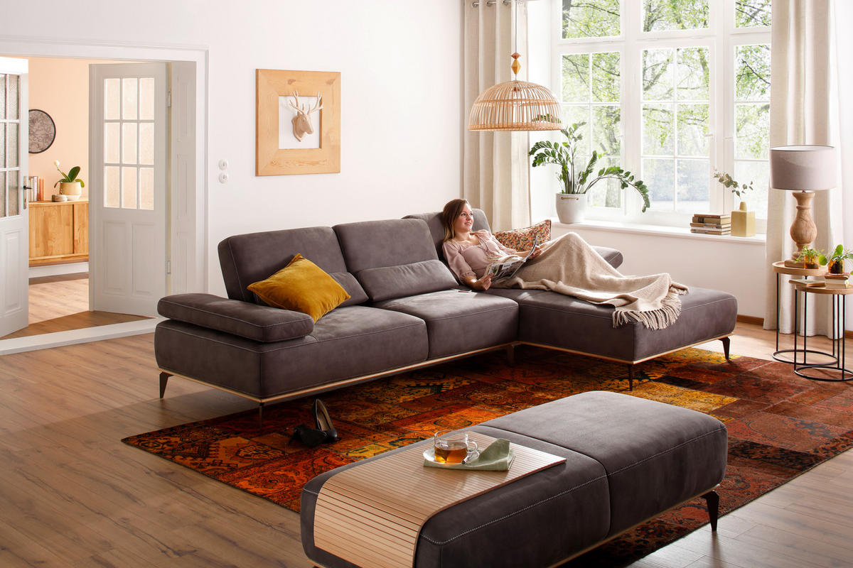 ECKSOFA Mikrofaser Dunkelgrau  - Dunkelgrau/Beige, Natur, Textil/Metall (298/176cm) - Valnatura