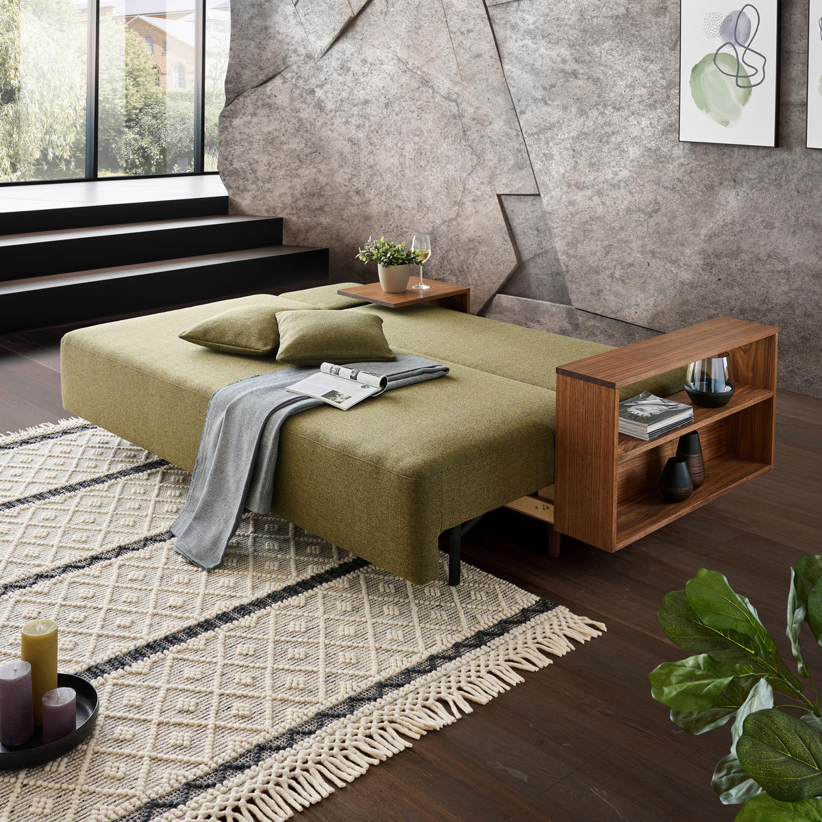 SCHLAFSOFA in Textil Olivgrün  - Nussbaumfarben/Olivgrün, Natur, Holz/Textil (228/90/100cm) - Joka