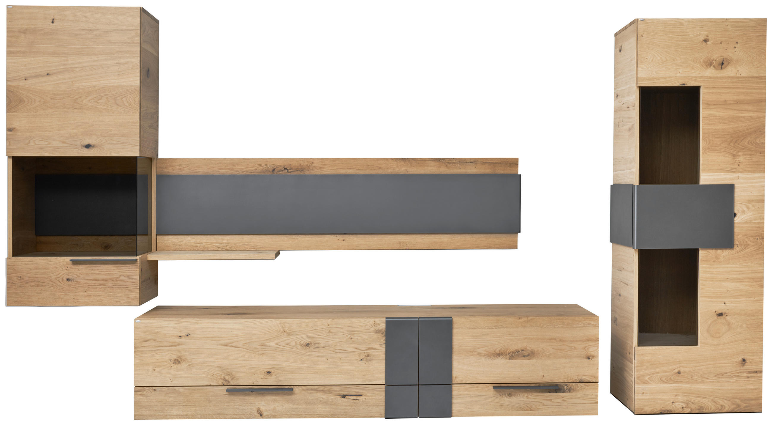 WOHNWAND  384/198/48 cm  in Anthrazit, Eichefarben  - Eichefarben/Anthrazit, Natur, Glas/Holz (384/198/48cm) - Voglauer