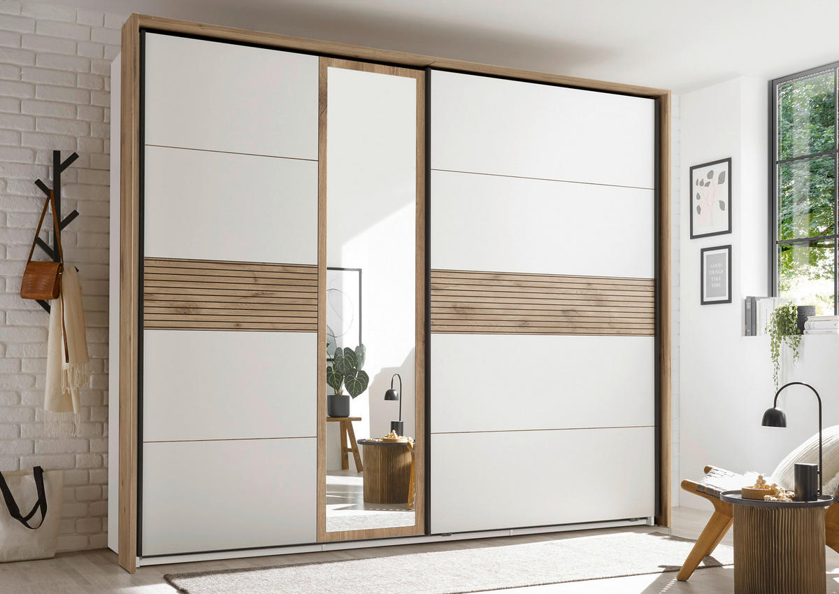 OMARA Z DRSNIMI VRATI, bela, barve hrasta  - črna/barve hrasta, Moderno, kovina/leseni material (279/229,4/63cm) - Hom`in
