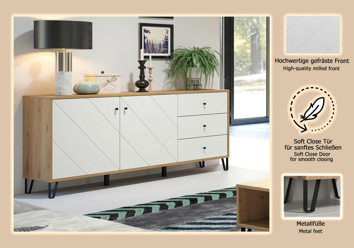 SIDEBOARD TOUCHWO 123/76/40 cm 3 Schublade(n)  - Schwarz/Eiche Artisan, Design, Holzwerkstoff/Kunststoff (123/76/40cm) - MID.YOU