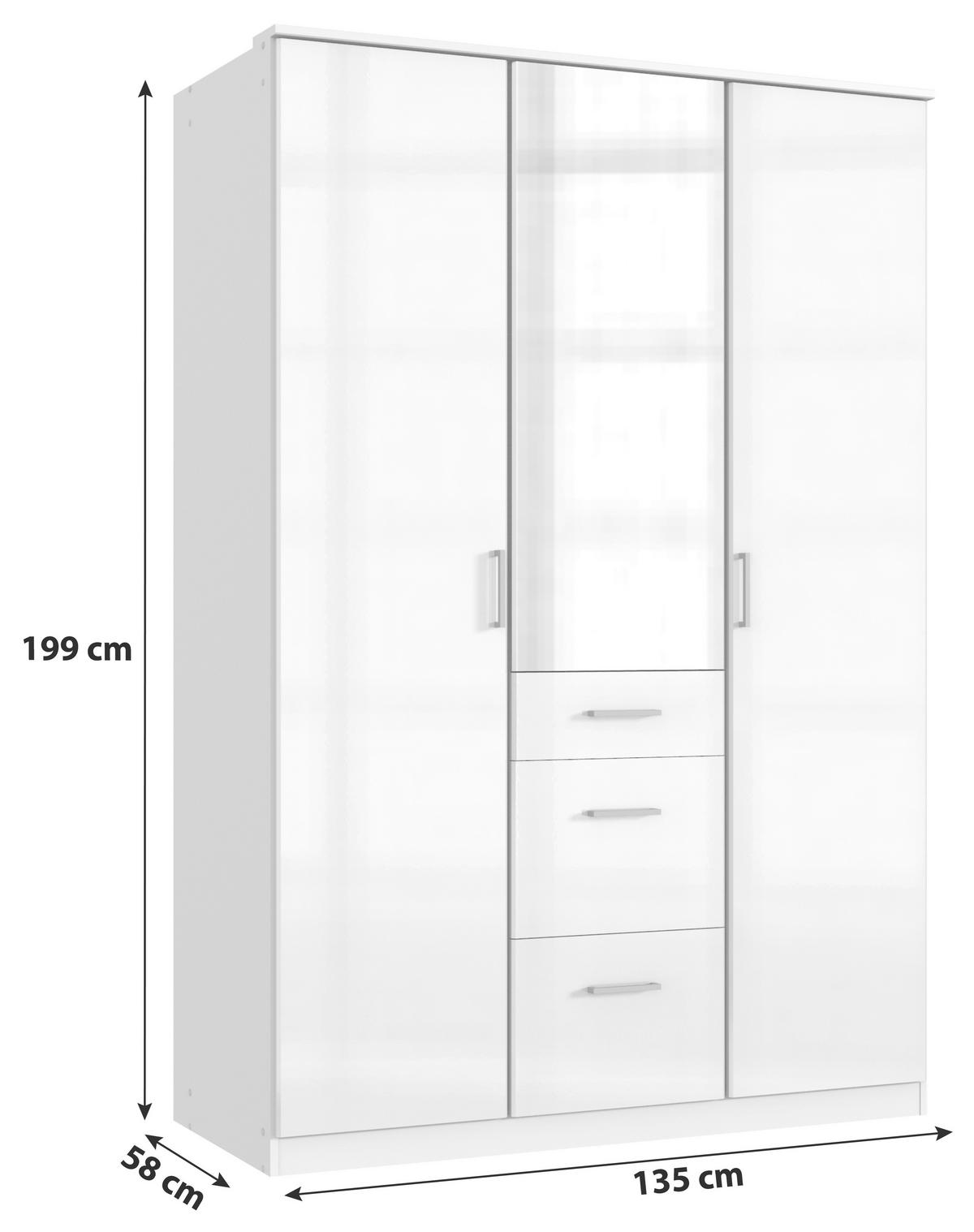 KLEIDERSCHRANK  in Weiß Hochglanz, Weiß, Silberfarben  - Chromfarben/Weiß Hochglanz, Basics, Holzwerkstoff (135/199/58cm) - MID.YOU